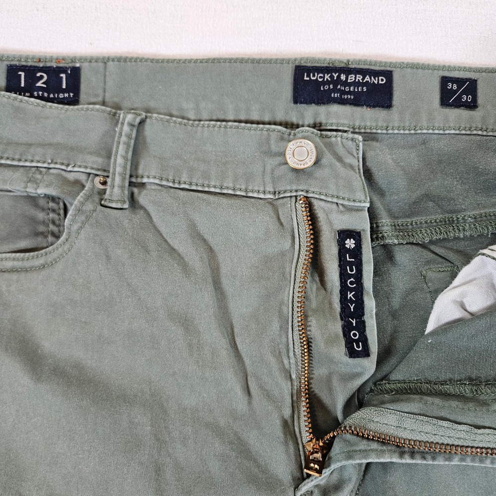 Lucky Brand Pants 121 Slim Straight Men 38x30 Olive Green Stretch Chino Whiskers